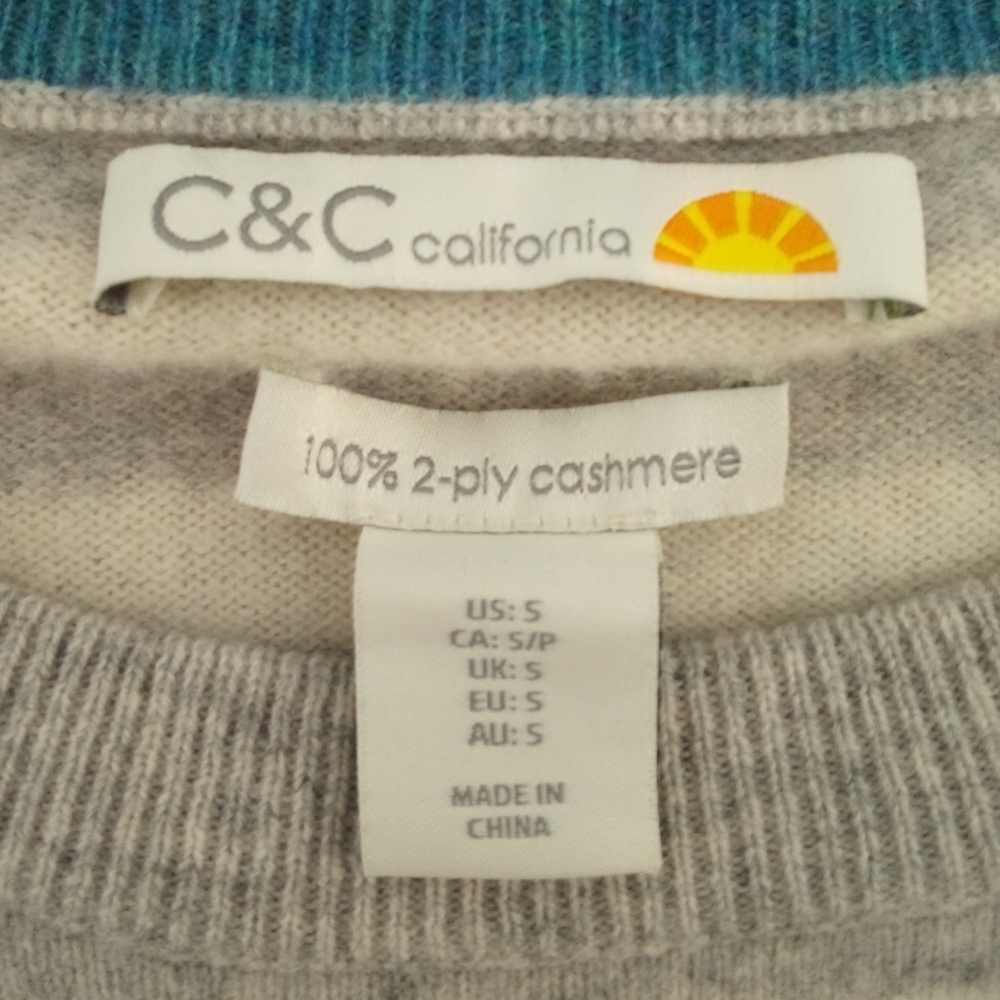 100% Cashmere Gray Ivory Striped Crew Neck Sweater 2 ply C&C California Small - Picture 5 of 8